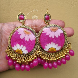 Pink pearl Floral Golden Round Jhumka