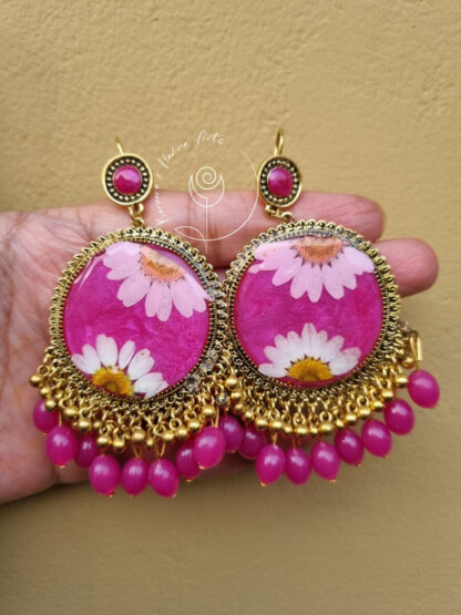 Pink pearl Floral Golden Round Jhumka