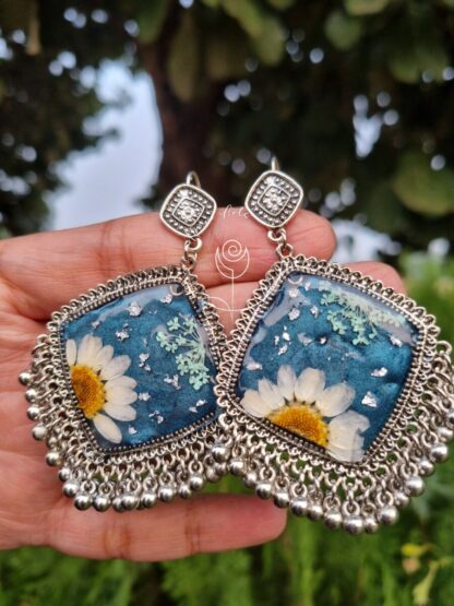 Floral Silver Square Jhumka