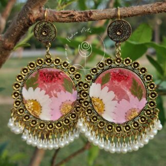 Pink White Floral Golden Round Jhumka