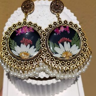 Black White Floral Golden Round Jhumka